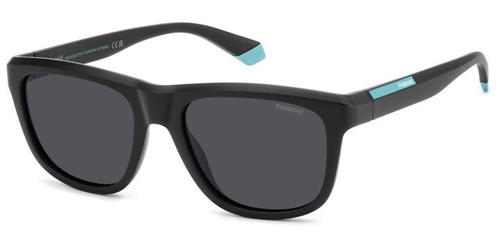 Black polycarbonate rectangular sunglasses with light-blue accents and polarized lenses, logo on temple and lens