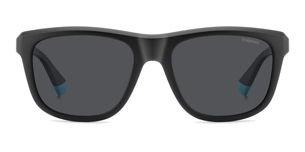 Black polycarbonate rectangular sunglasses with light-blue accents and polarized lenses, logo on temple and lens