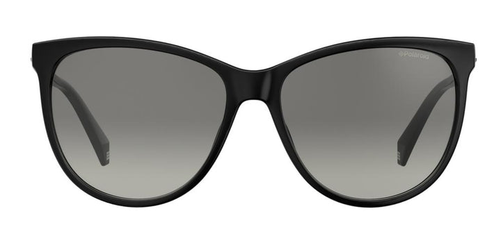 Black cat-eye sunglasses in glossy polycarbonate with gradient polarized lenses, frontal three-quarter view