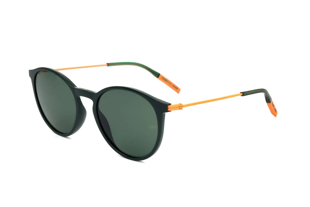 Dark green and orange round sunglasses with plastic front and thin metal temples, Unisex modern sporty style