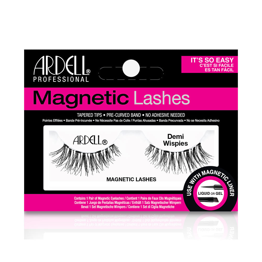 Pair of narrow magnetic false lashes with curled, flared shape in kit packaging