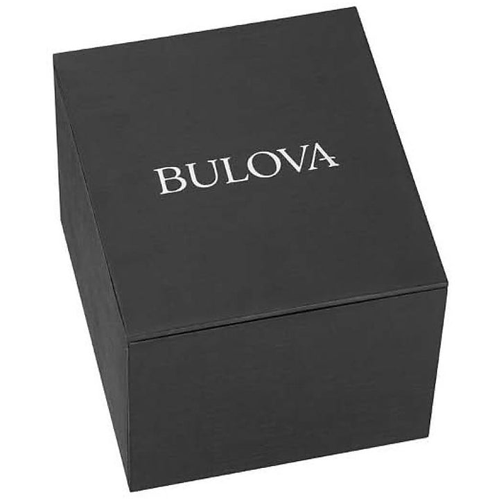 Silver rectangular Bulova watch with blue mineral dial, stainless steel bracelet, and crystal accents.