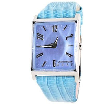 Rectangular silver-cased watch with blue dial and light-blue textured leather strap for Women