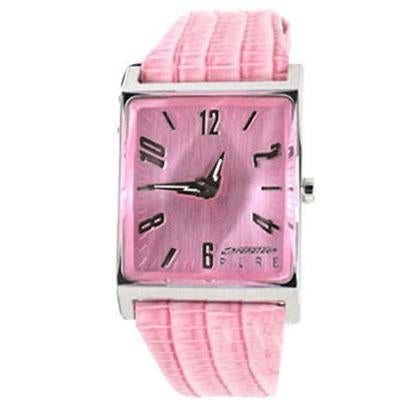 Silver rectangular watch with pink dial and textured pink strap, stylized numerals and three hands