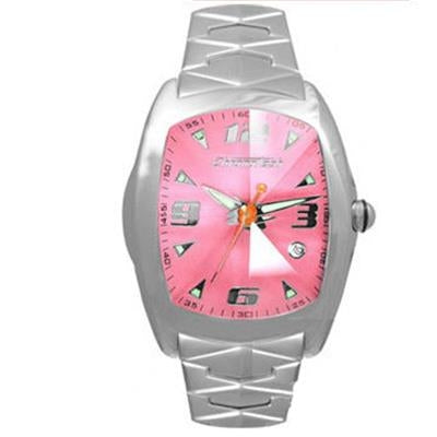 Silver stainless steel watch with pink dial, metal bracelet, luminous hands, date window