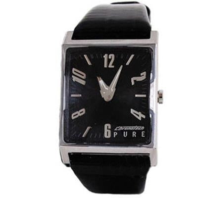 Rectangular black dial watch with silver markers and black leather strap on white background