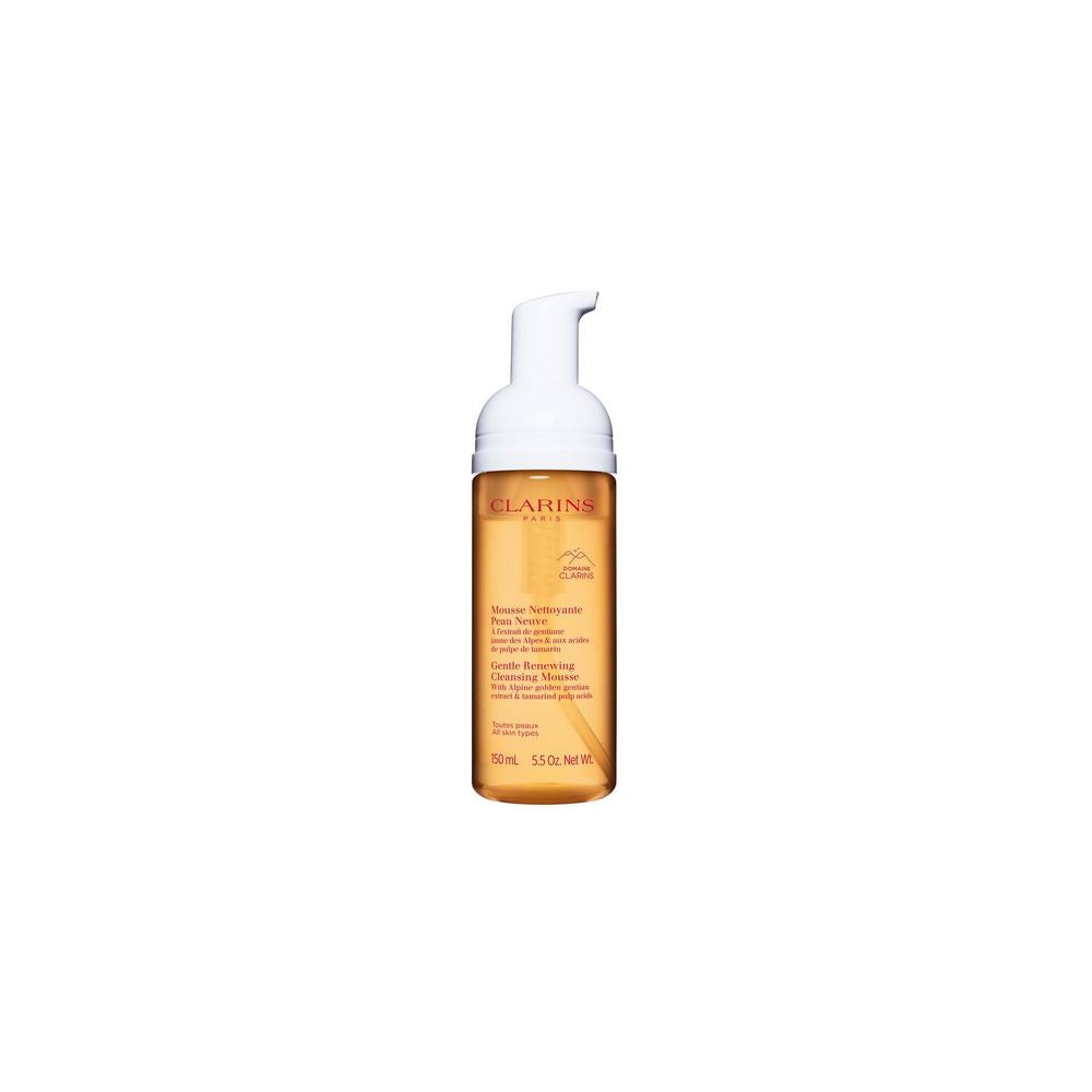 Clarins purifying foam cleanser in dispensing bottle, gentle exfoliating formula