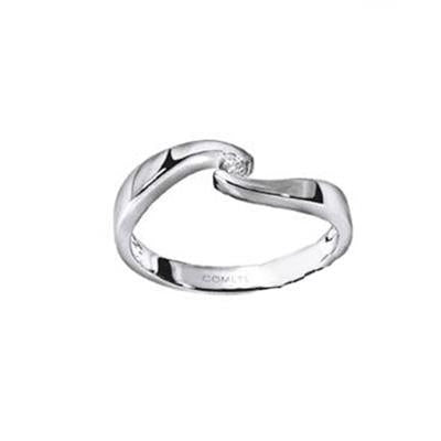 Polished silver open-ended ring with slightly twisted minimalist band on a neutral background