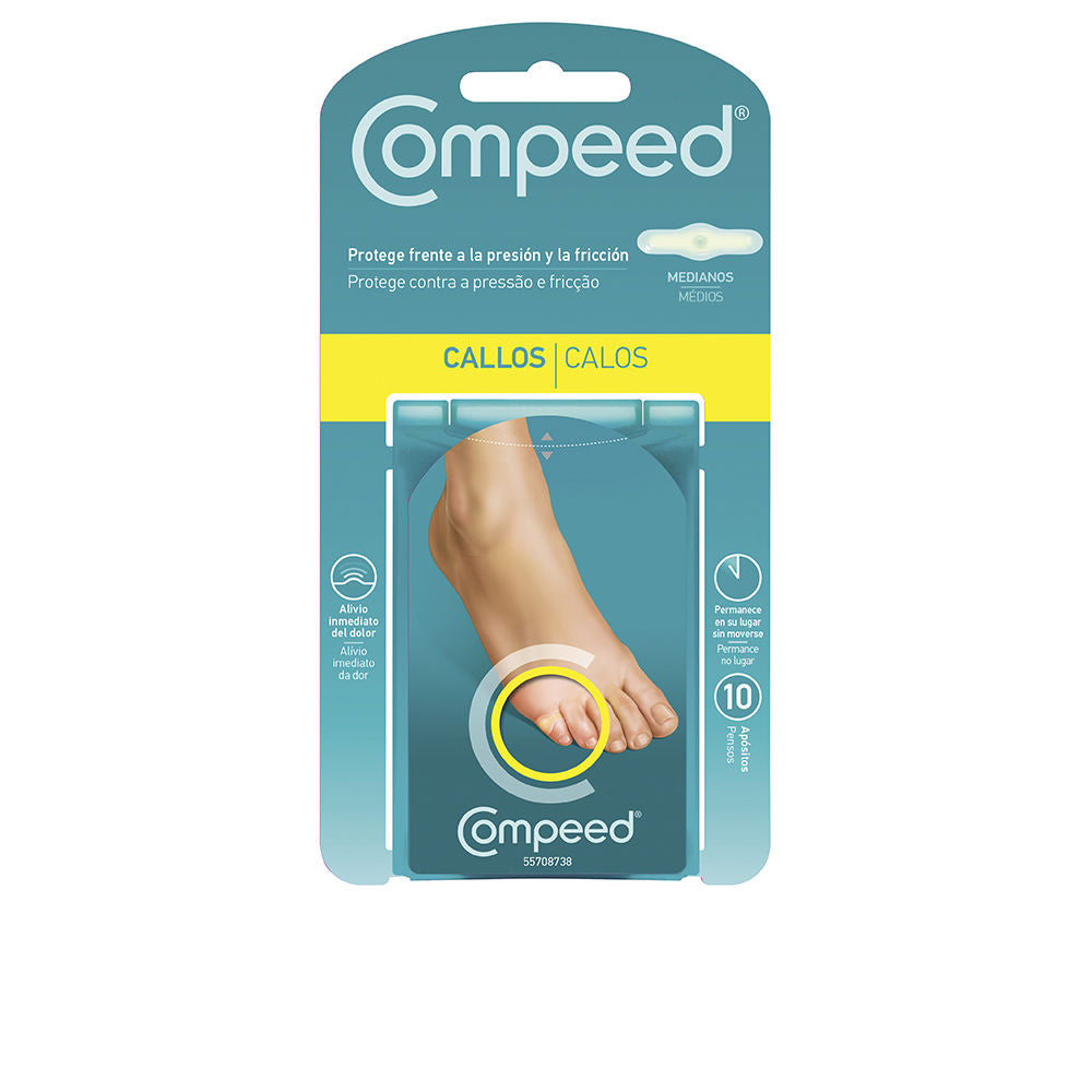 Medium Compeed hydrocolloid callus dressing patch on skin, tapered edges visible