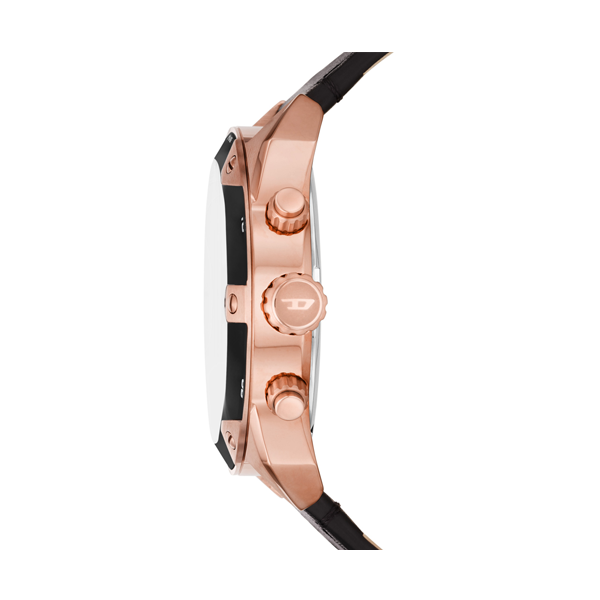 Rose gold chronograph watch on black leather strap showing subdials and date display
