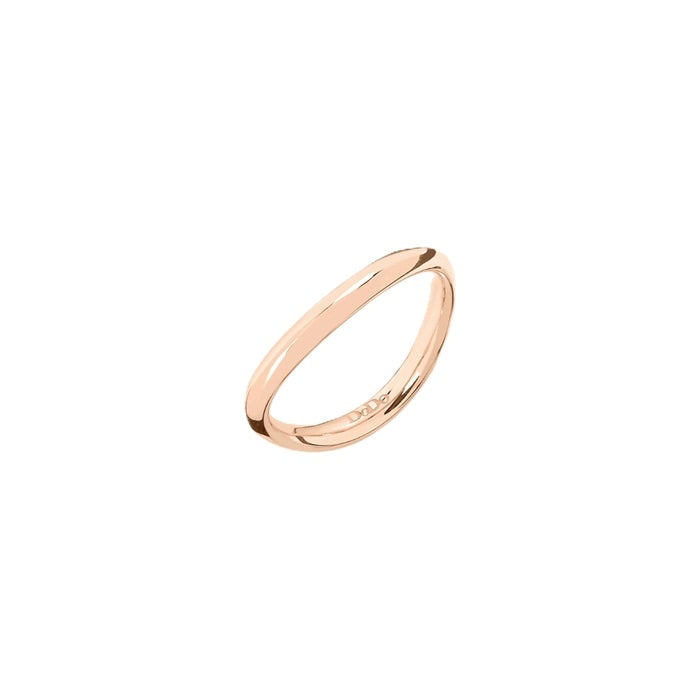 Slim rose gold polished stacking ring on neutral background, minimalist rounded profile visible