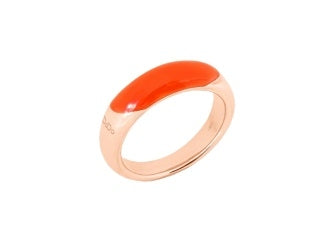 Rose gold ring with red enamel detailing, smooth polished band, modern low-profile design