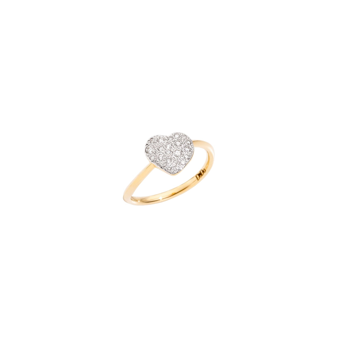 Yellow gold ring featuring a pavé heart top of small diamonds or crystals on a polished band, feminine luxury.