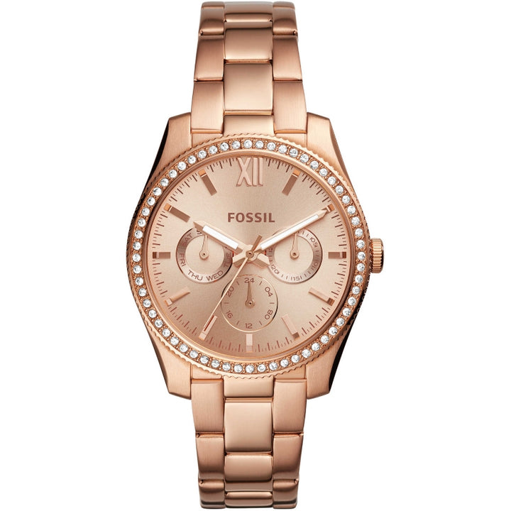 Rose gold multi-function wristwatch with crystal-studded bezel and metal link bracelet for Women
