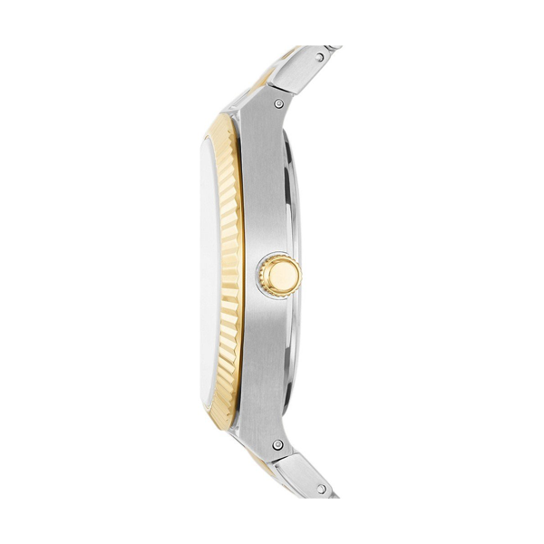 Two-tone silver and gold analog dress watch with white dial and fluted bezel