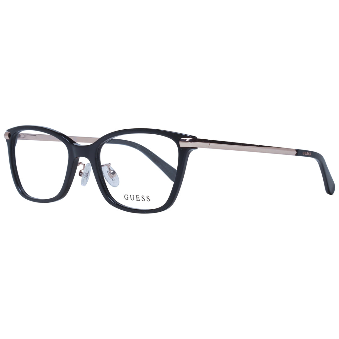 Black rectangular eyeglasses with rose-gold thin metal temples and adjustable nose pads on neutral background