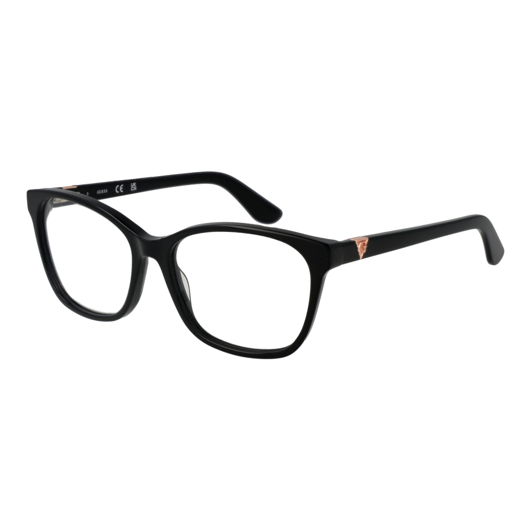 Black full-rim rectangular eyeglasses with rose-gold temple accents on a neutral background for Women
