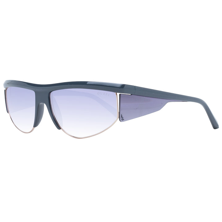 Dark gray semi-rimless sunglasses with metal rim and purple gradient lenses, sporty side shields, Women’s style
