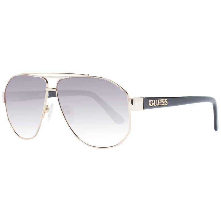 Gold metal aviator sunglasses with double bridge, grey gradient lenses and black plastic temples, logo on temple