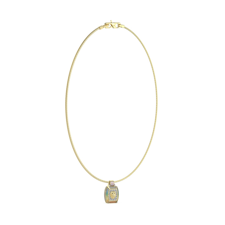 Gold lion head pendant on medium chain with multicolor accents, shown against neutral background