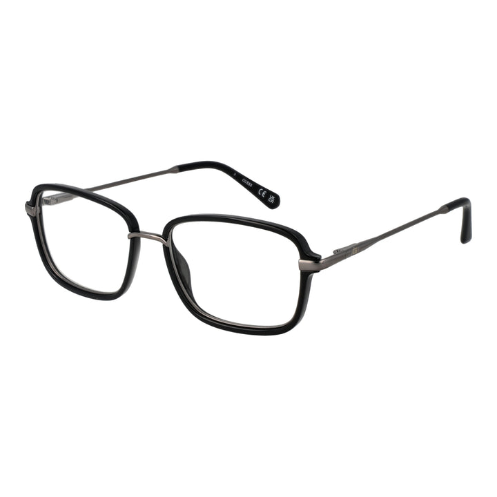 Unisex black and metallic gray rectangular eyeglasses with thin metal temples and plastic temple tips