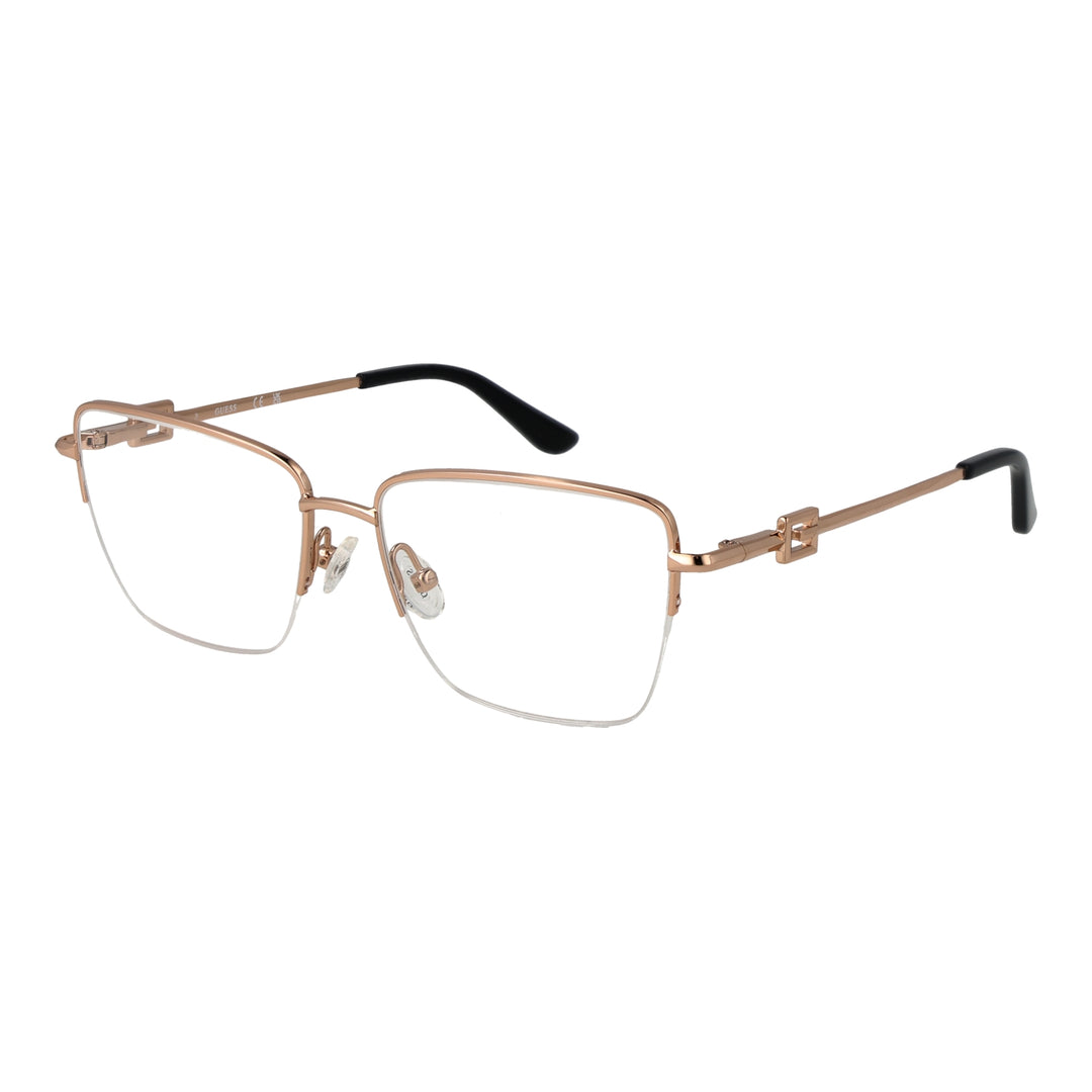 Rose gold and black metal rectangular eyeglasses with decorative hinge and adjustable nose pads on white background