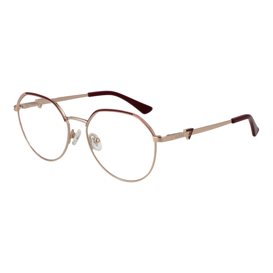 Rose gold thin metal round eyeglasses with burgundy plastic temple tips on white background
