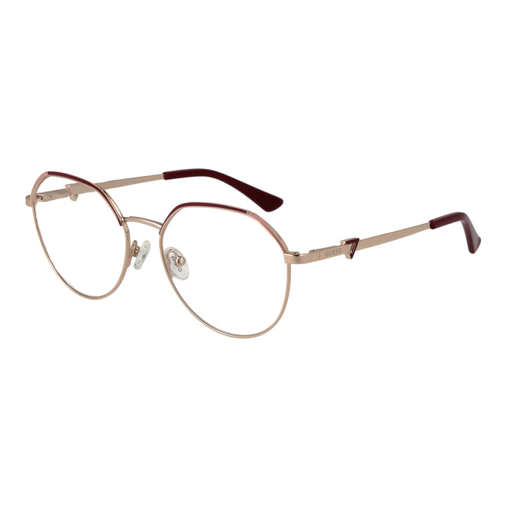 Rose gold thin metal round eyeglasses with burgundy plastic temple tips on white background