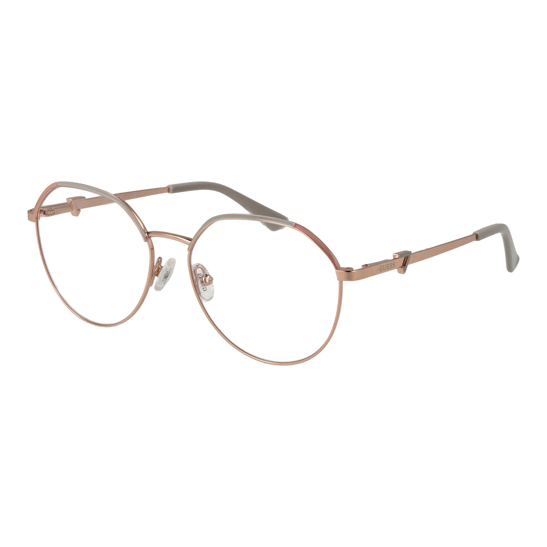 Rose gold thin metal round eyeglasses with adjustable nose pads and white temple tips on neutral background