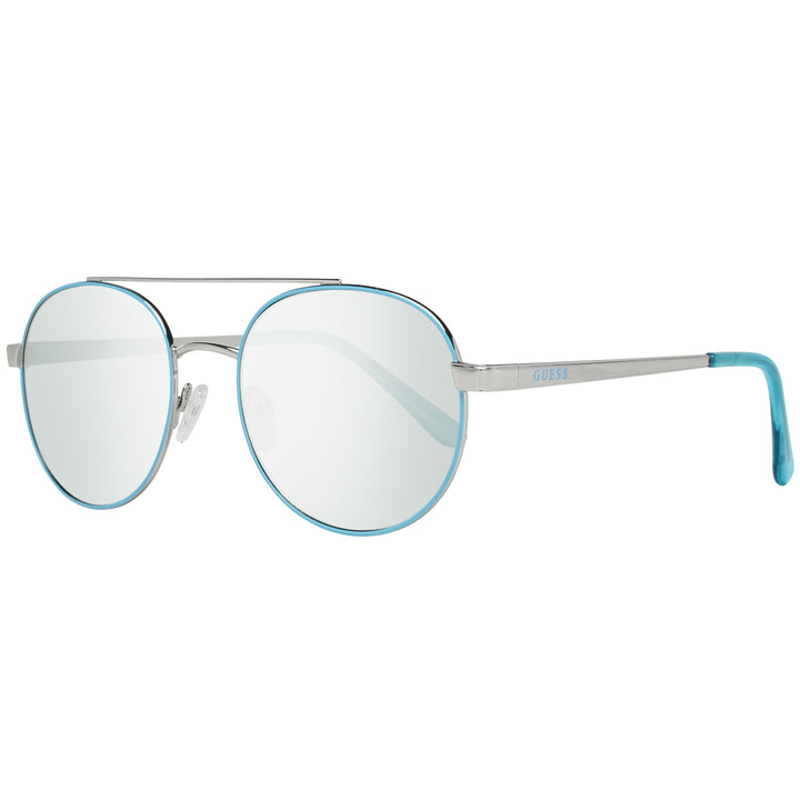Unisex silver metal aviator eyeglasses with light-blue round lenses and double bridge on white background