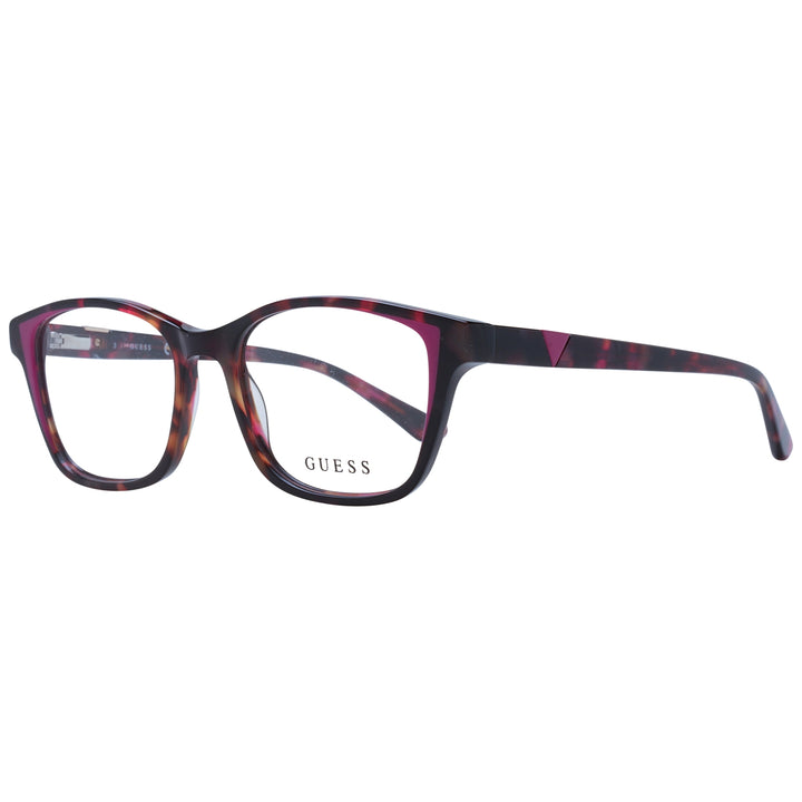 Tortoise shell rectangular full-rim eyeglasses with pink accents on plastic frame, front three-quarter view