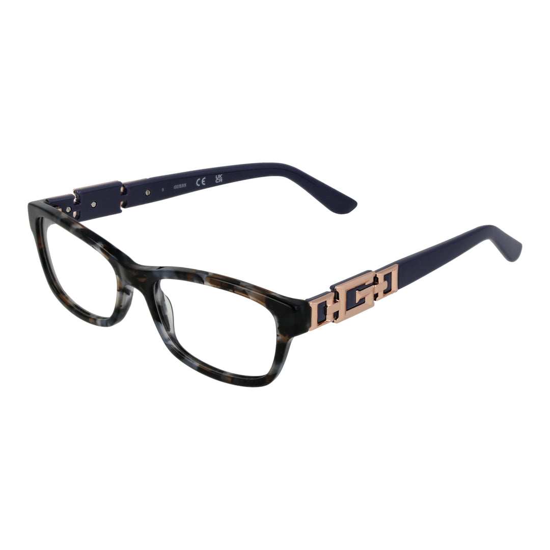 Tortoise shell rectangular eyeglasses with dark blue arms and rose-gold chain-link temple accents