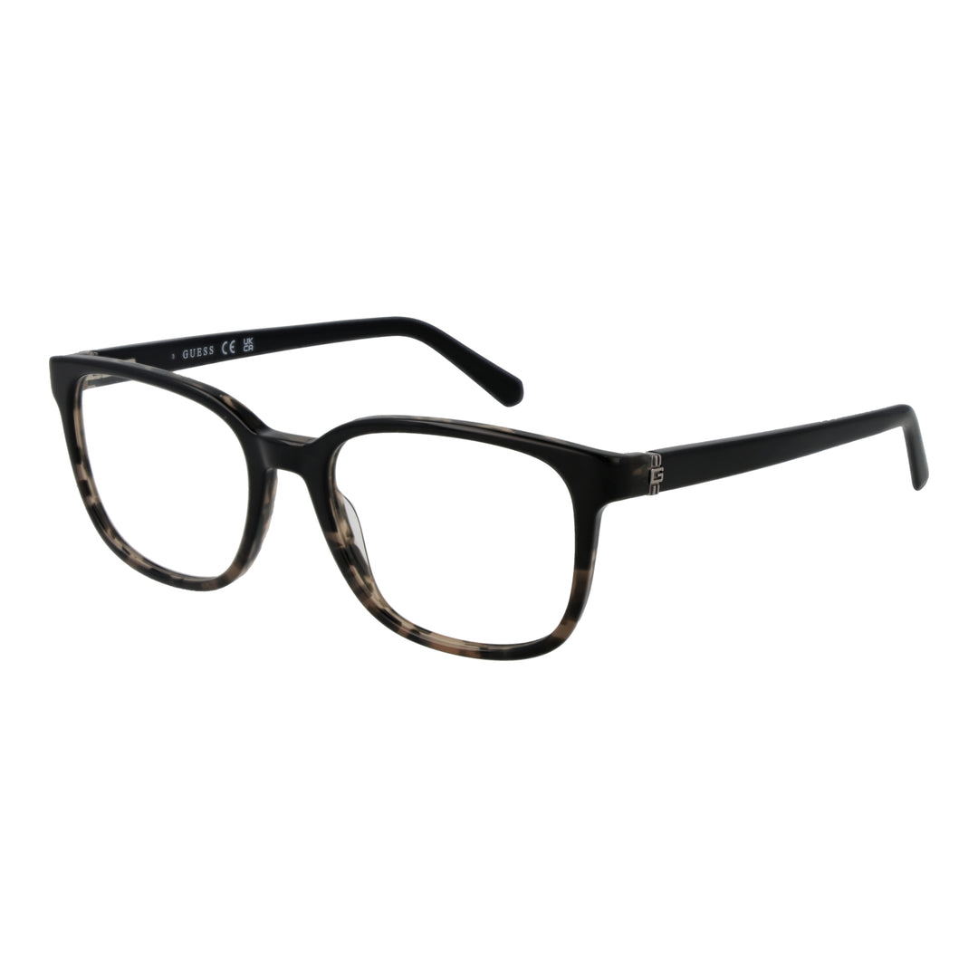 Unisex rectangular tortoiseshell full-rim plastic eyeglasses with visible brand logo on temple