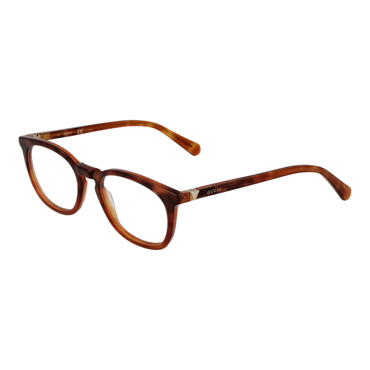 Brown tortoiseshell round eyeglasses for Women, plastic frame, metal temple accents, classic profile