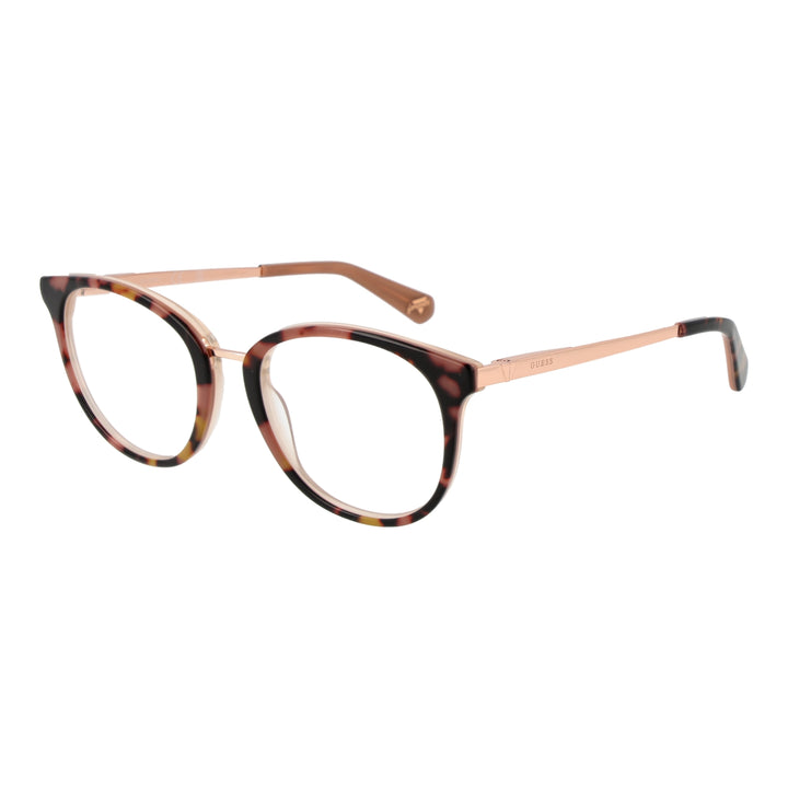 Tortoiseshell round eyeglasses with warm brown pattern and rose gold thin metal temples on white background
