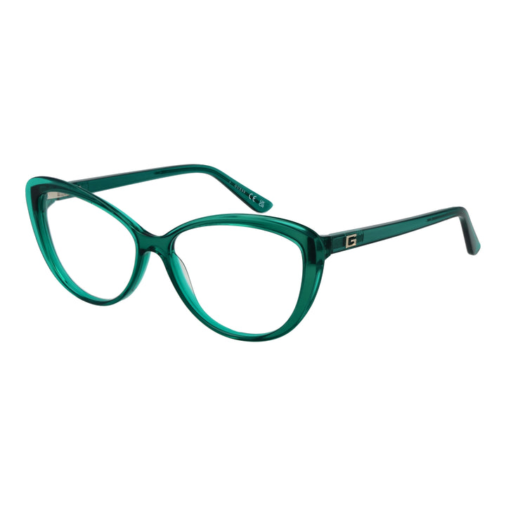 Transparent green plastic cat-eye eyeglasses with metallic logo on temples, retro shape for Women, lightweight frame
