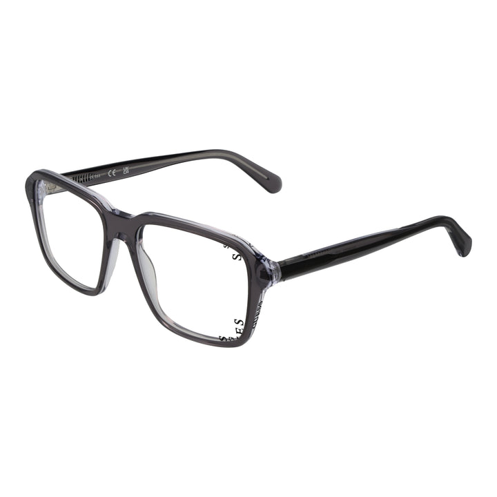 Unisex transparent plastic full-rim rectangular eyeglasses in gray, modern slender temples on neutral background