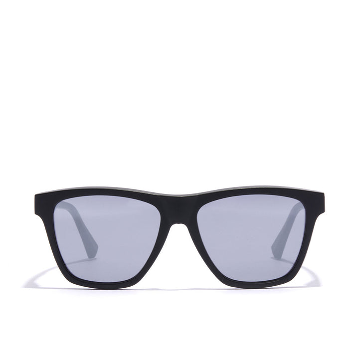 Matte black square Unisex sunglasses with mirror lilac lenses, silver logos, microfiber pouch
