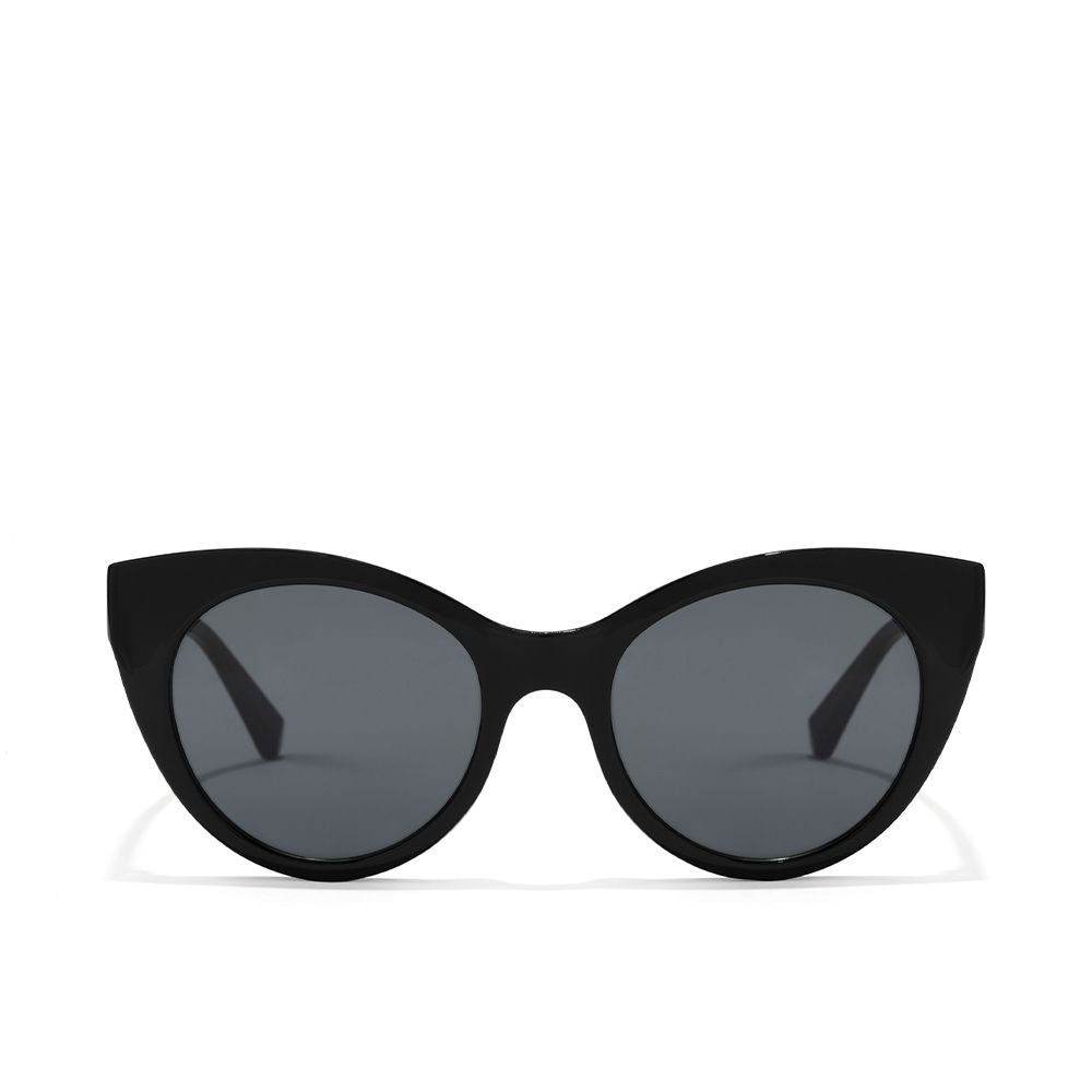 Glossy black cat‑eye sunglasses with rose‑gold polarised lenses, TR90 frame, microfibre pouch