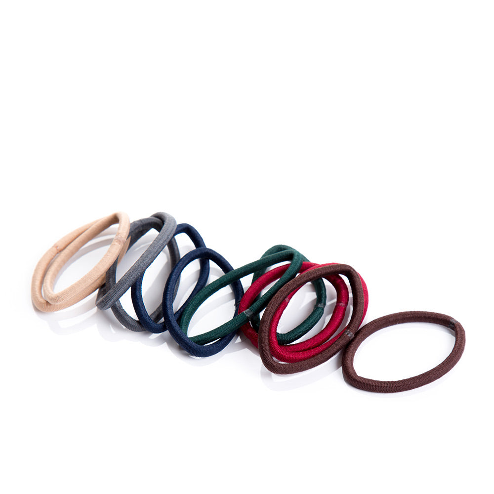 Pack of 12 slim coloured hair elastics, assorted winter tones, Unisex