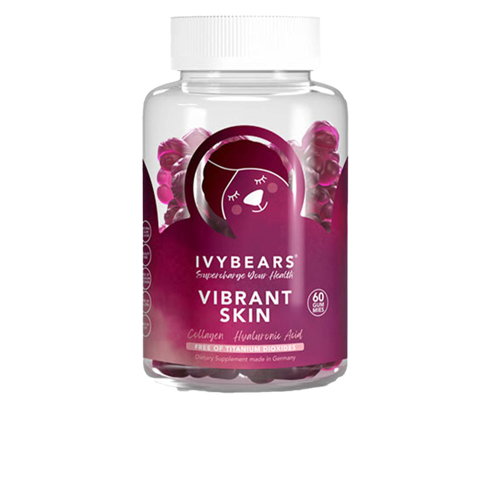 Ivybears Purple transparent plastic supplement bottle with white screw cap, bear logo and visible gummies