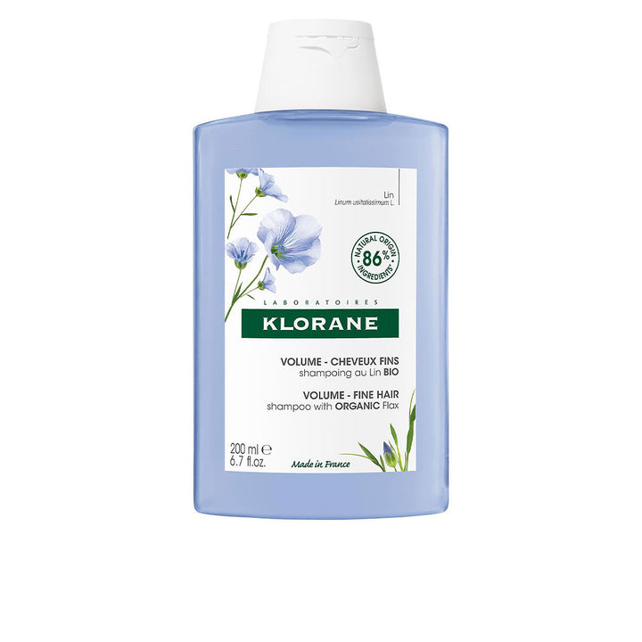 200 ml recyclable plastic bottle of organic linseed volumising shampoo, lightweight formula