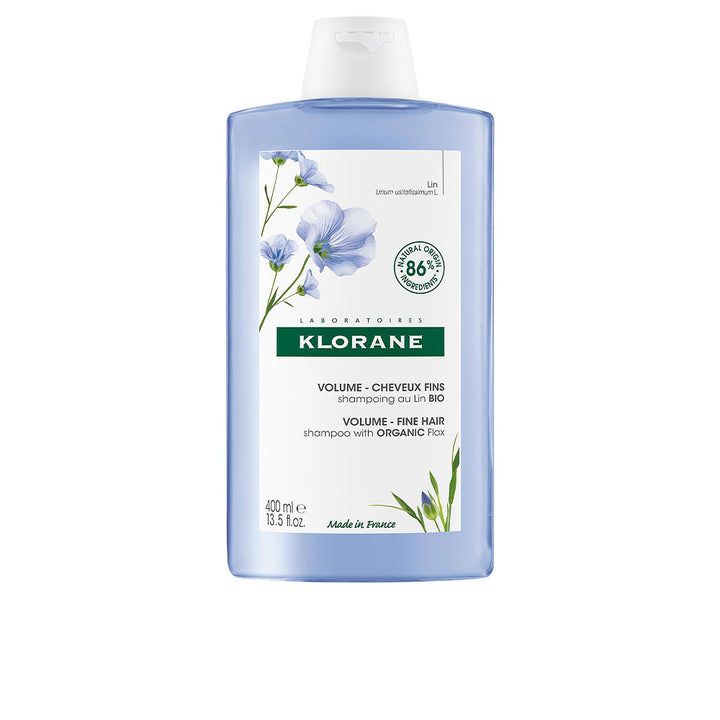 400 ml bottle of linseed volumising shampoo for fine hair, recycled plastic