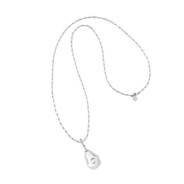 Minimalist silver pendant necklace on delicate chain shown against neutral backdrop, close-up of pendant and links