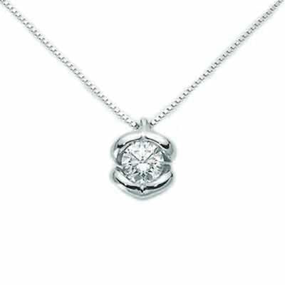 Platinum solitaire diamond pendant on fine chain against neutral background, polished metal and clear stone