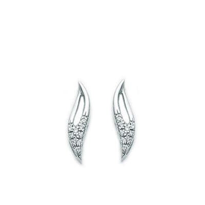 Silver elongated stud earrings with pavé clear stones on polished metal, shown against neutral background
