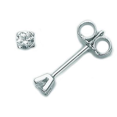 Pair of polished silver stud earrings each with a single round clear stone and butterfly backs on white background