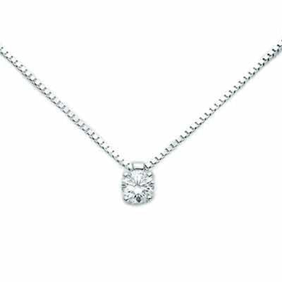 White gold pendant necklace with single round diamond on a delicate box chain, minimalist luxury
