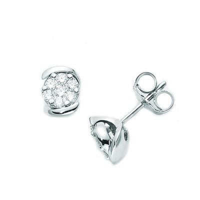 Pair of white gold stud earrings with clustered diamonds on post and butterfly backs, close-up view