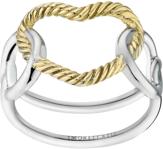 Close-up two-tone gold and silver intertwined rope ring on neutral background, textured braided detail visible